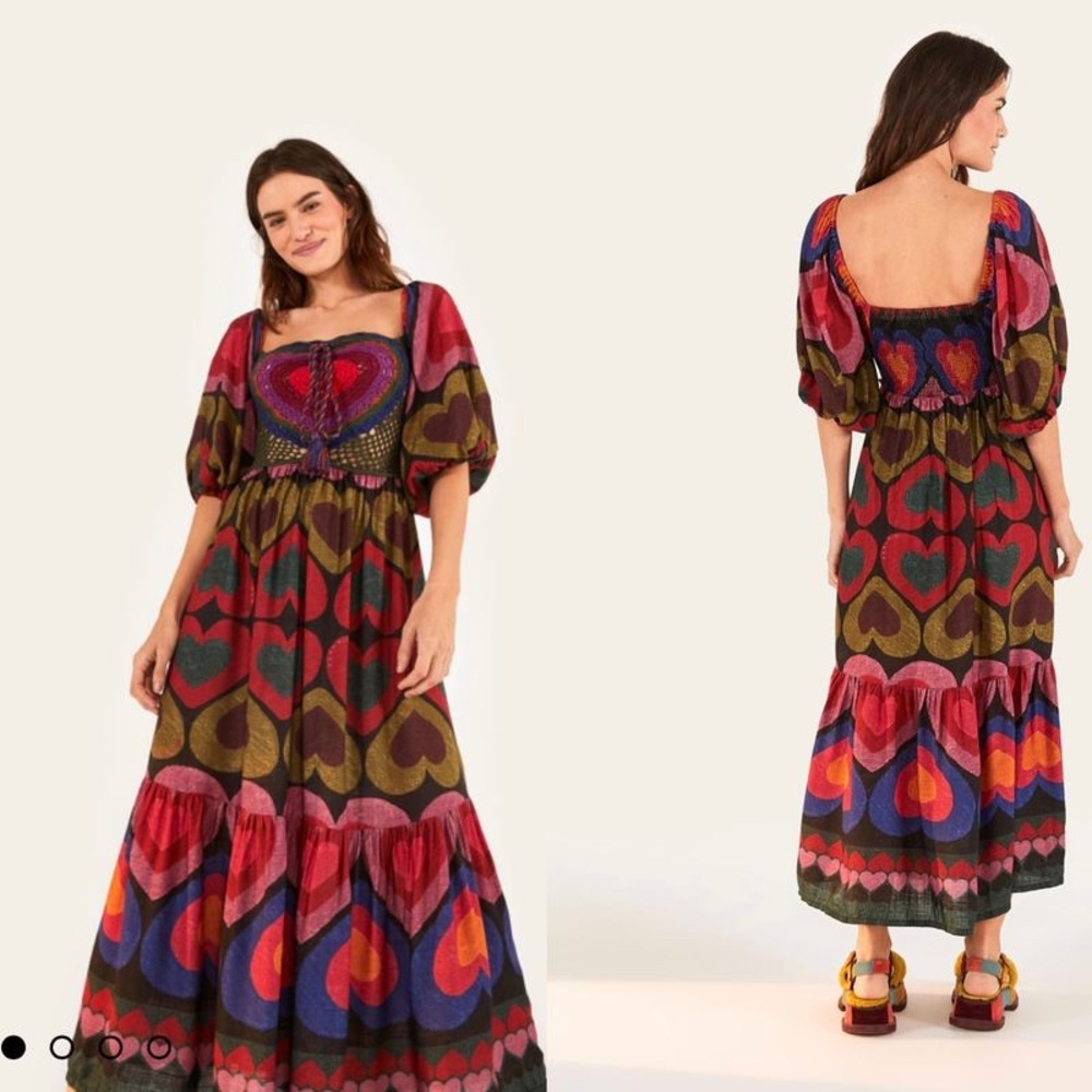 FARM Rio Multicolor Heart Crochet Maxi Dress